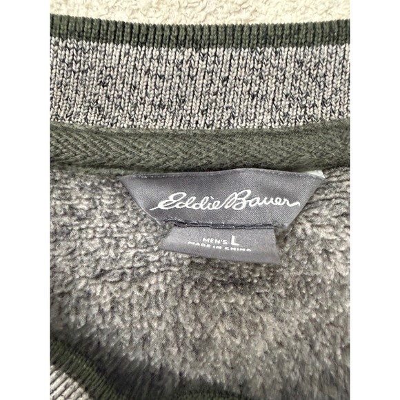 Eddie Bauer Mens Large Gray Sherpa Lined Sweater Fleece Crewneck Olive Stripe - Picture 3 of 11
